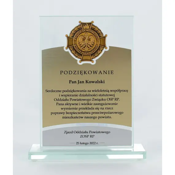 Statuetka szklana OSP 3D 18,5 cm - prezent dla strażaka z grawerem
