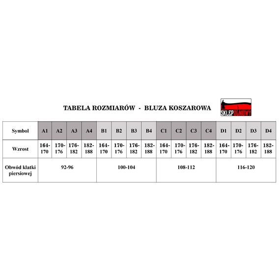 Tabela rozmiarów bluza koszarowa strażaka