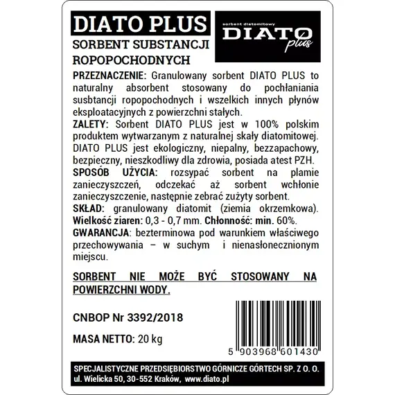 Sorbent diatomitowy DIATO PLUS  granulacja 0,3-0,7 mm 20 kg