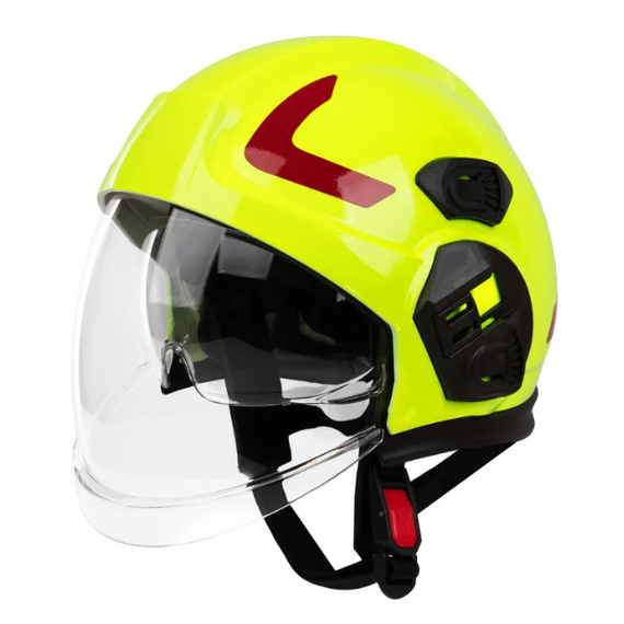 Żółty hełm strażacki DRAGON HT 05 - przyłbica i przezroczyste okulary, ochrona karku nomex