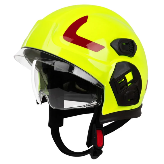 Żółty hełm strażacki DRAGON HT 05 - przyłbica i przezroczyste okulary, ochrona karku nomex