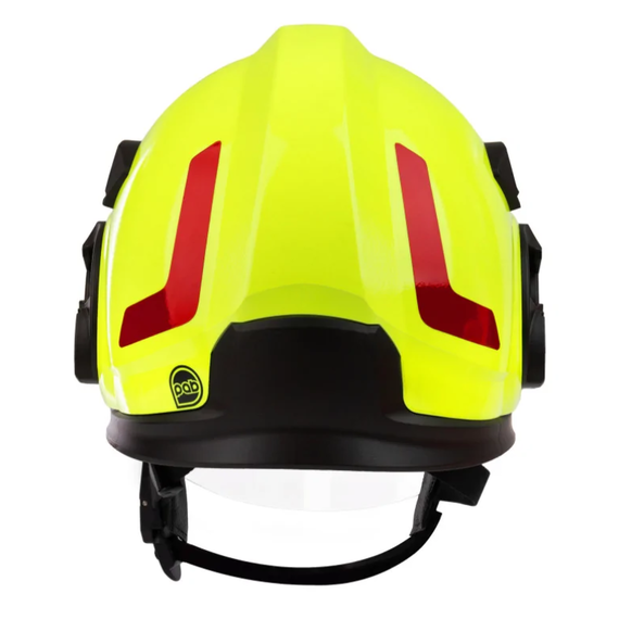 Żółty hełm strażacki DRAGON HT 05 - przyłbica i przezroczyste okulary, ochrona karku nomex