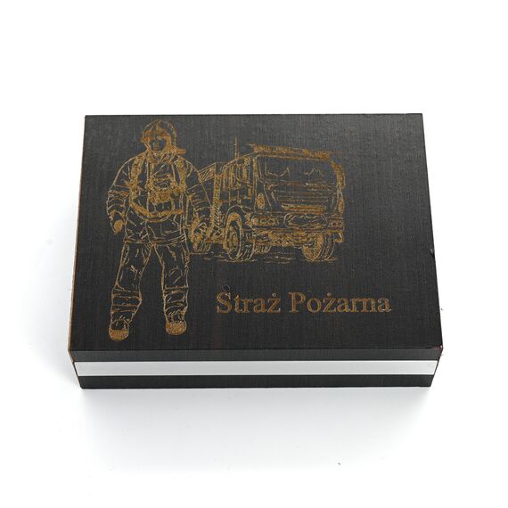 Portfel dla strażaka - czarny w drewnianym pudełku