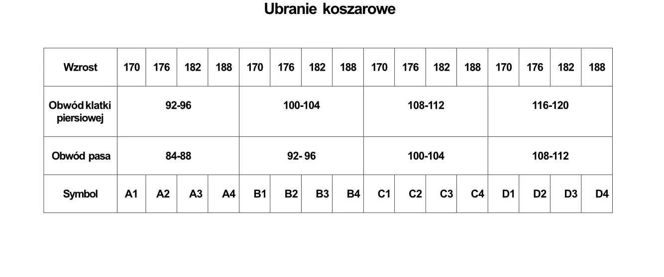 Tabela rozmiarów piaskowego ubrania koszarowego